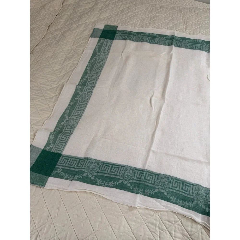 Vintage Linen Damask Tablecloth 32x32 Green Greek Key Floral Border